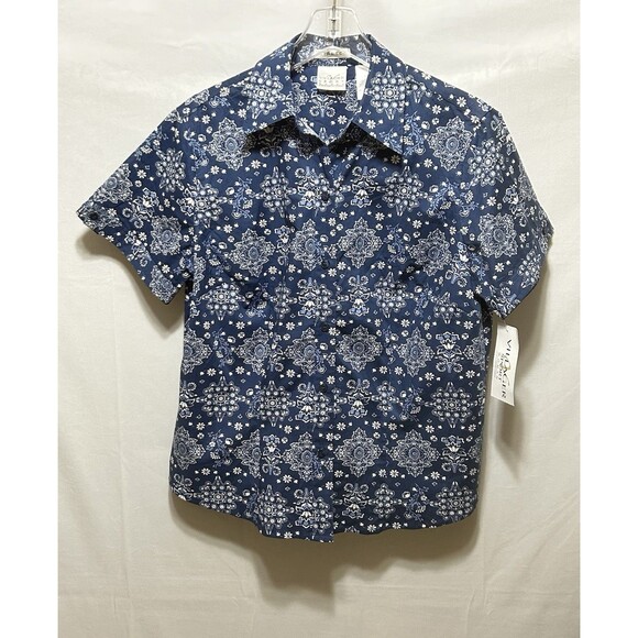 Villager Sport Woman Size 1 Stretch Short Sleeve Blue Floral Top NWT - Picture 1 of 11
